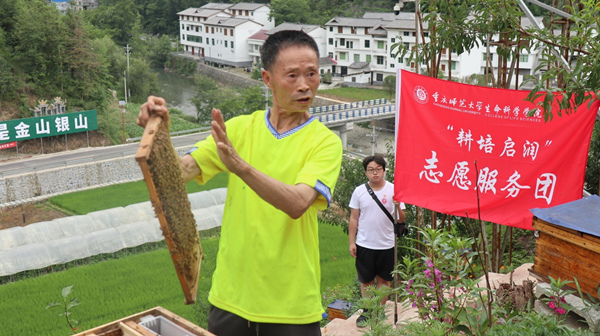 蜂農展示蜂箱內部結構。重慶師范大學供圖